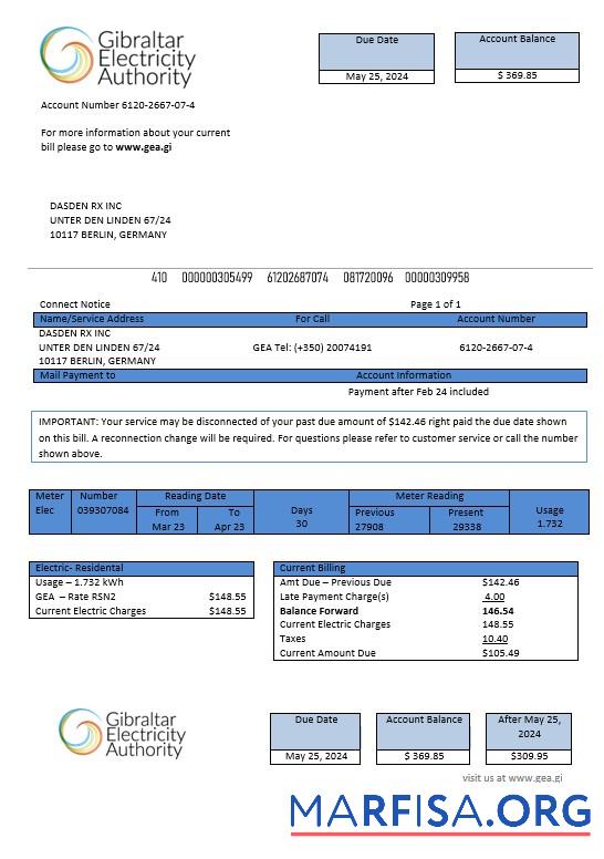 Downloadable Gibraltar Electricity Authority business utility bill Word and PDF template